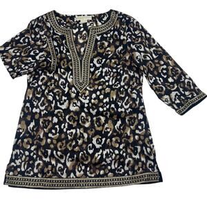 Michael Kors Womens Boho Leopard Long Sleeve Sheer Cotton Sequin Tunic Sz S